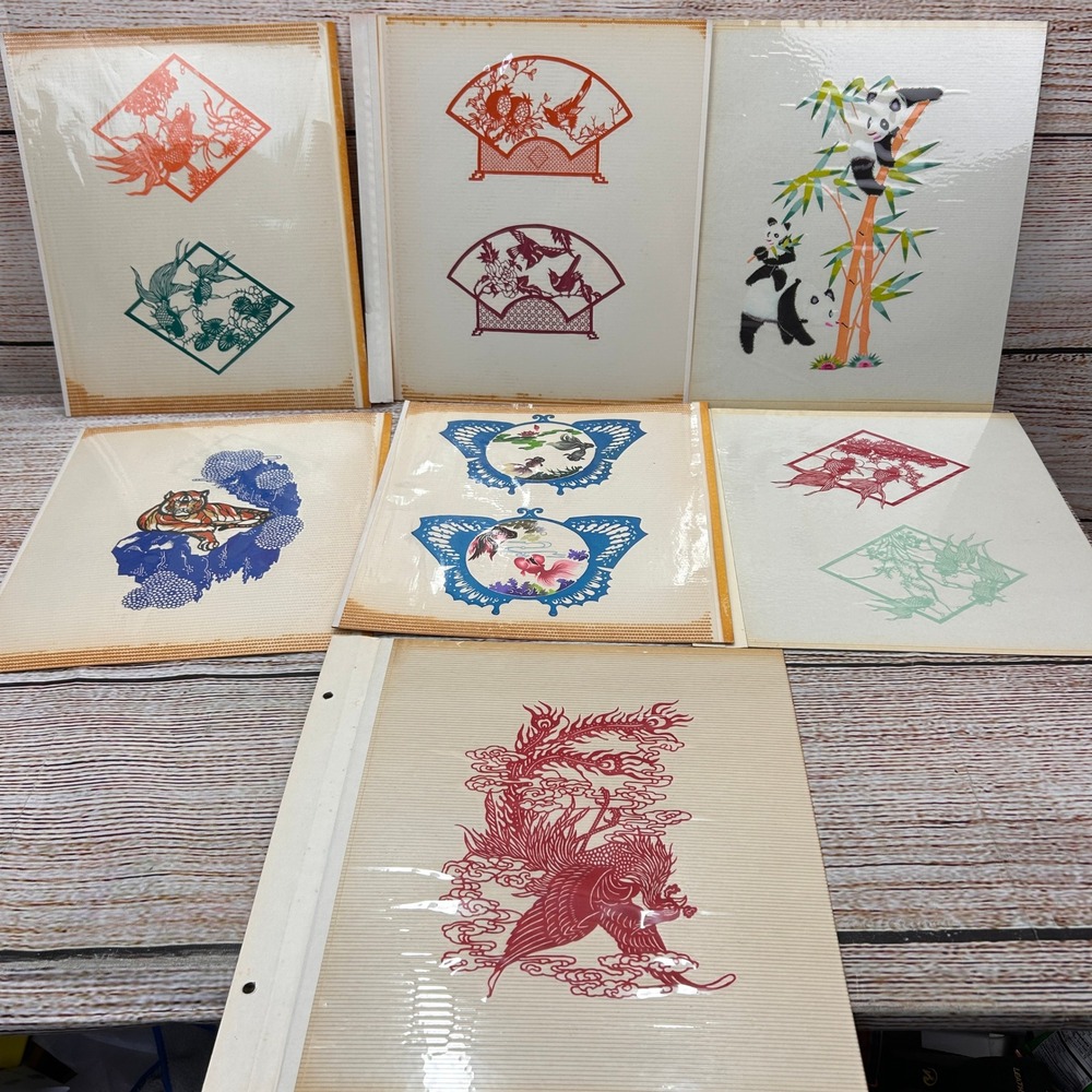 Vintage Chinese Jianzhi Paper Cut Art Panda Tiger Phoenix Folk Art 13pc Set